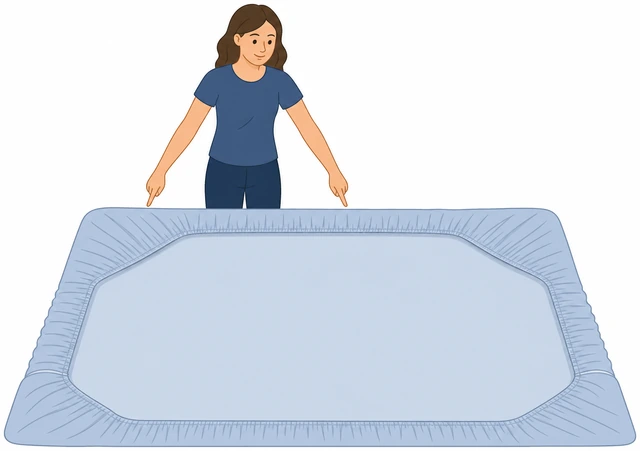 Illustration: person at long edge of inside-out fitted sheet, four corner pockets labeled by position