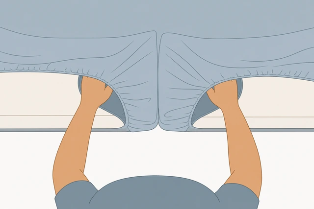 Illustration: left hand slipped inside one long-side corner pocket of inside-out fitted sheet