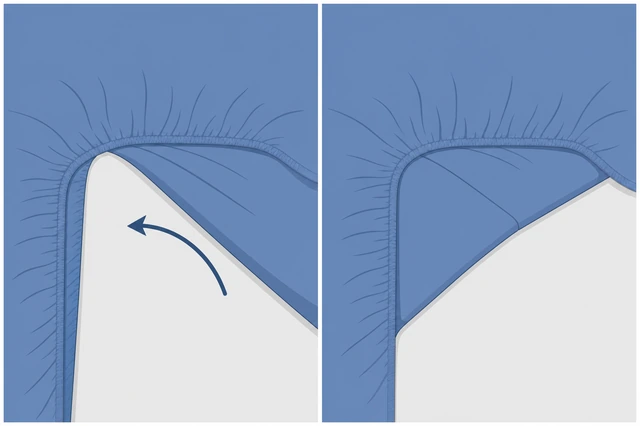 Illustration: right corner pocket being tucked into left corner pocket, hands bringing corners together