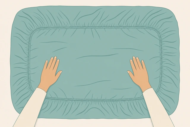 Illustration: nested fitted sheet bundle laid flat on bed, elastic edge forming a rectangle