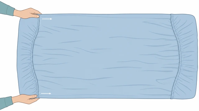 Illustration: hands smoothing nested fitted sheet rectangle flat on bed, squaring edges