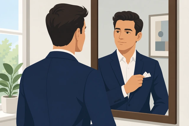 Illustration: mirror check of pocket square with jacket worn