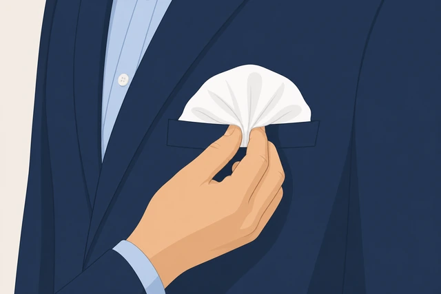 Illustration: pinching the center of a pocket square for a puff fold