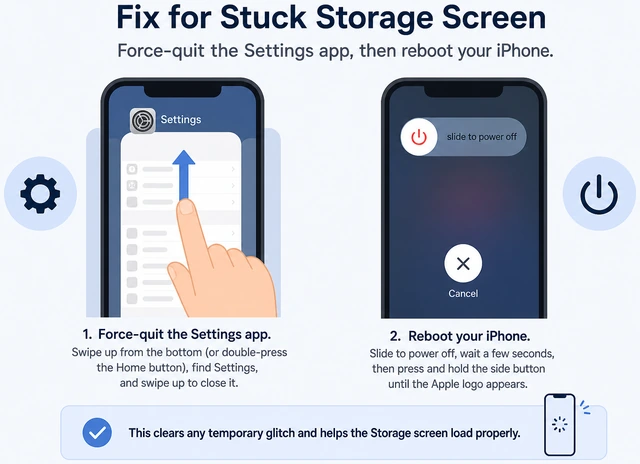 Illustration: iPhone restart next to Settings → General → Software Update as a next check