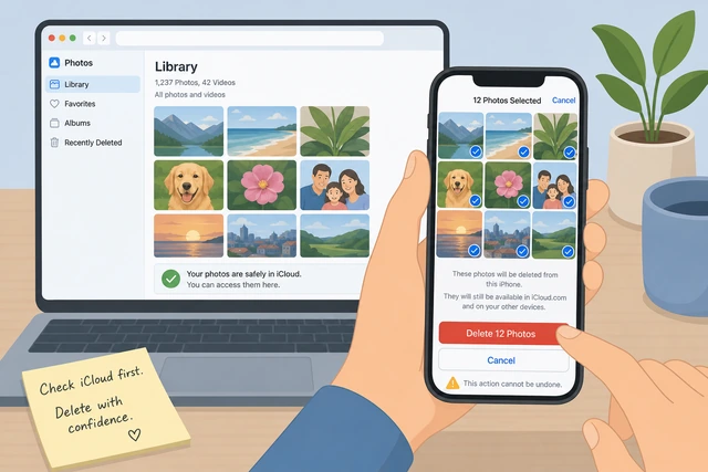 Illustration: browser open to iCloud.com Photos next to a stop-and-ask-helper callout