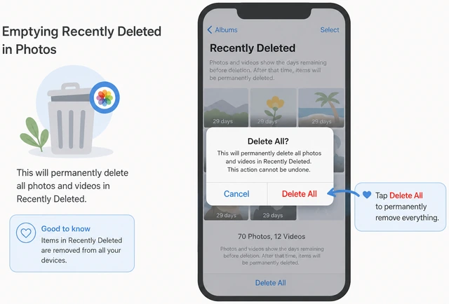 Illustration: Recently Deleted screen with Delete All confirmed and iPhone Storage free space rising