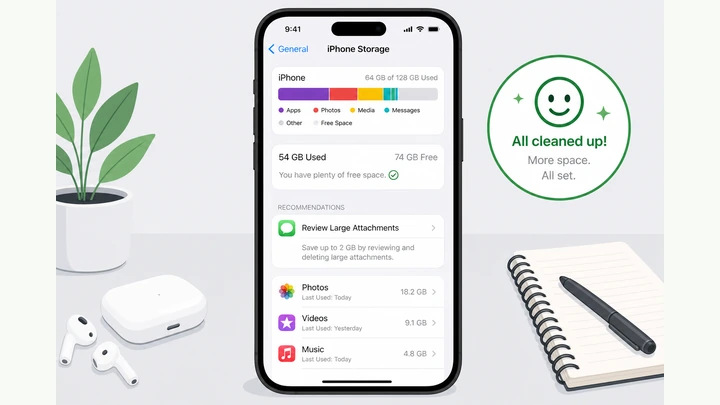 Illustration: iPhone Settings screen showing General → iPhone Storage with a colored storage bar and free space