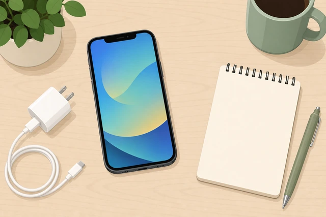 Illustration: checklist with unlocked iPhone, battery or charger, and Apple ID / Face ID callout