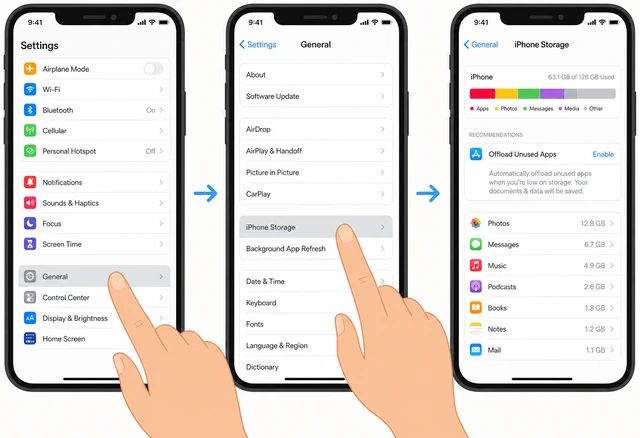 Illustration: iPhone Settings path Settings → General → iPhone Storage with the storage bar visible
