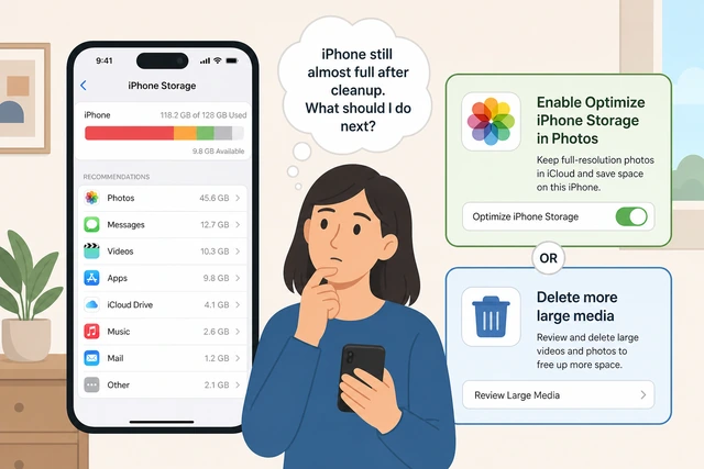 Illustration: Photos iCloud setting Optimize iPhone Storage next to a plan checklist for more cleanup
