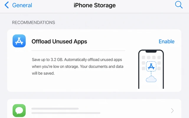 Illustration: Recommendations section on iPhone Storage highlighting Offload Unused Apps
