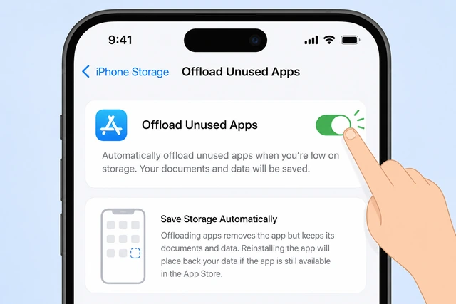 Illustration: finger enabling Offload Unused Apps on the iPhone Storage Recommendations screen