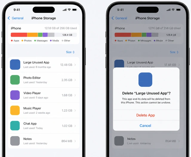 Illustration: iPhone Storage app list sorted by size with Delete App highlighted on a large unused app