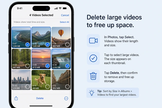 Illustration: Photos album with a large video selected for delete and Recently Deleted Empty option nearby
