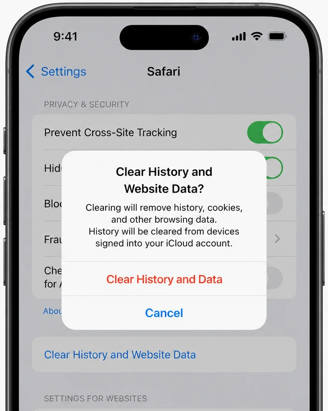 Illustration: Settings → Safari → Clear History and Website Data button highlighted