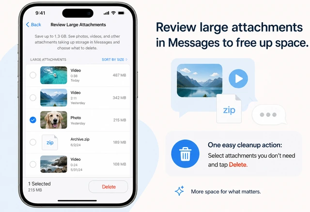 Illustration: iPhone Storage list showing Messages and Mail as large categories with review callouts