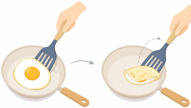 Illustration: a spatula flipping a fried egg over in one smooth motion in a nonstick skillet