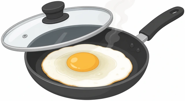 Illustration: a lid propped ajar over a skillet with a still-translucent egg white cooking gently