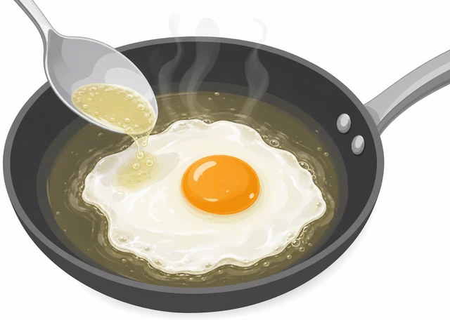 Illustration: a stove dial pointed at medium-low next to a nearly-set fried egg