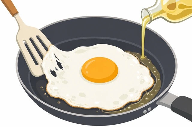 Illustration: a small spoon adding extra oil around the edges of a stuck fried egg in a skillet