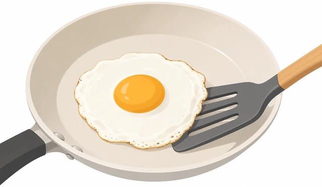 Illustration: a spatula easing under the outer white edges of a fried egg before moving toward the center