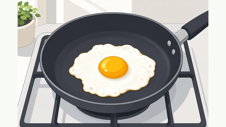 Illustration: a sunny-side-up fried egg with a soft yolk in a nonstick skillet on a stovetop