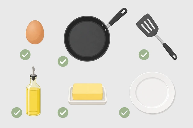 Illustration: checklist with a fresh egg, nonstick skillet, spatula, oil, and a plate on the counter