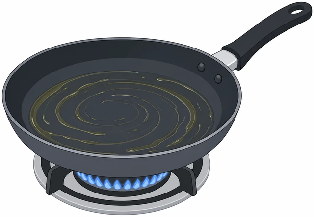 Illustration: hand pouring oil into a nonstick skillet and swirling it to coat the bottom