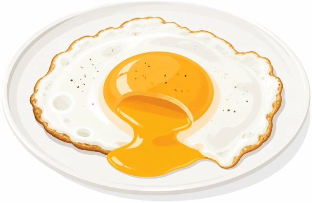 Illustration: a fork cutting into a fried egg on a plate, showing a runny yolk and tender white
