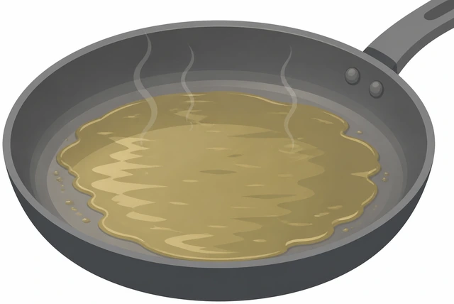 Illustration: skillet on a stove burner with oil shimmering gently over medium-low heat