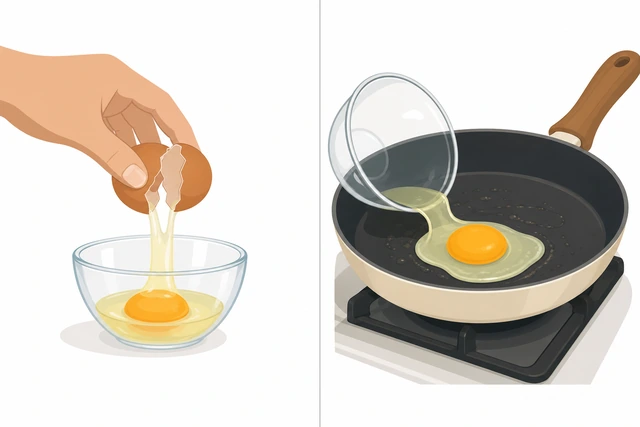 Illustration: egg being cracked into a small bowl, then poured from the bowl into a hot skillet