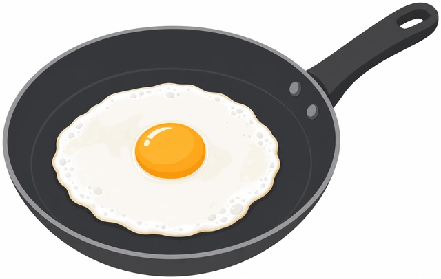 Illustration: egg cooking in a skillet with white edges turning opaque while a hand keeps the spatula still