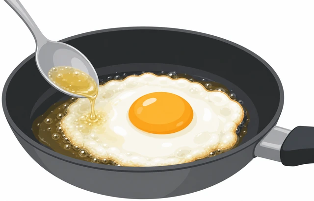 Illustration: a spoon basting hot fat over the egg white edges, with a lid propped ajar over the pan