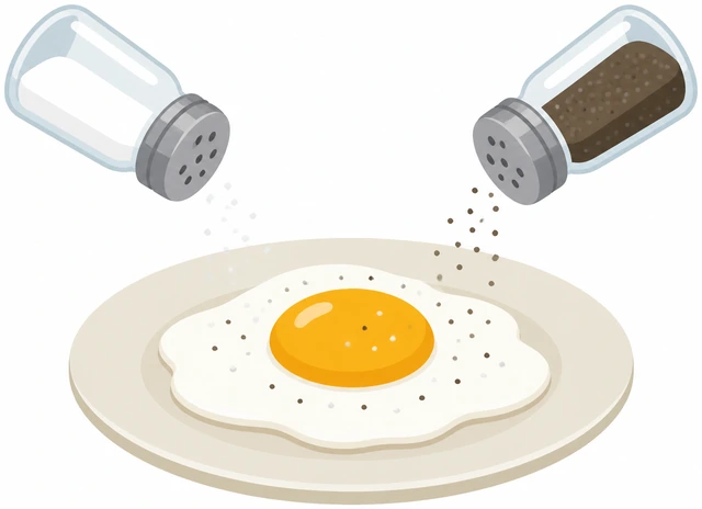 Illustration: salt and pepper being sprinkled over a fried egg on a plate