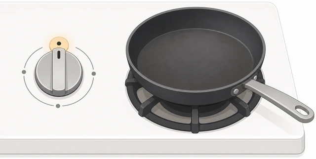 Illustration: a hand turning a stove knob to off, with a cooled skillet being wiped with a paper towel
