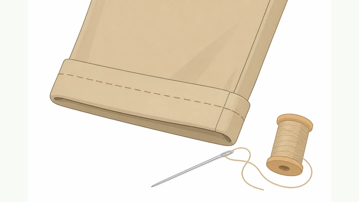 Illustration: neatly hand-hemmed pants cuff with needle and thread