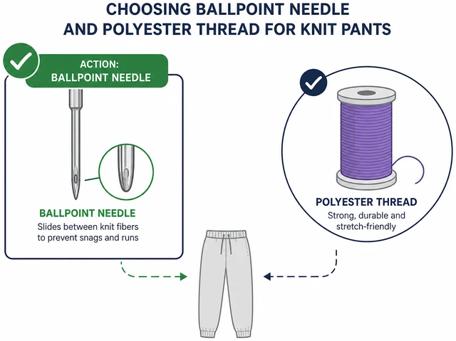 Illustration: choosing ballpoint needle and polyester thread for knit pants