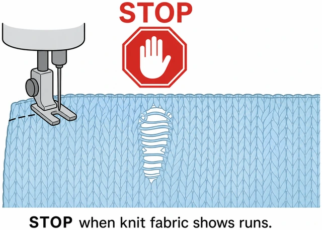 Illustration: stopping when knit fabric shows runs or holes from sewing
