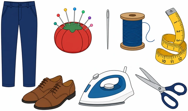 Illustration: pants shoes pins needle thread measuring tape iron scissors laid out