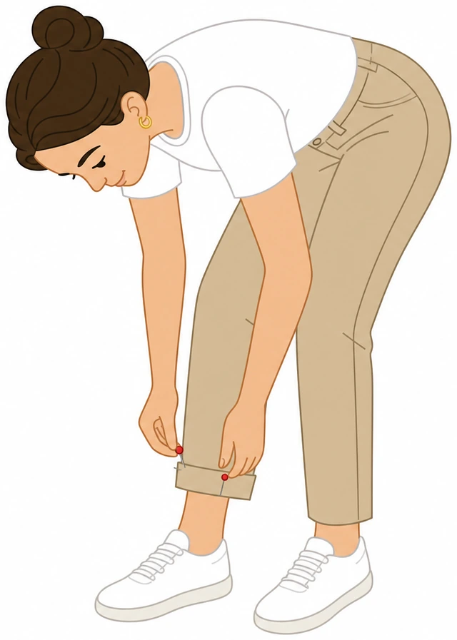 Illustration: wearing pants and shoes while pinning temporary hem fold