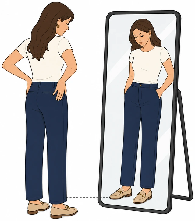 Illustration: trying on hemmed pants with shoes to check even length