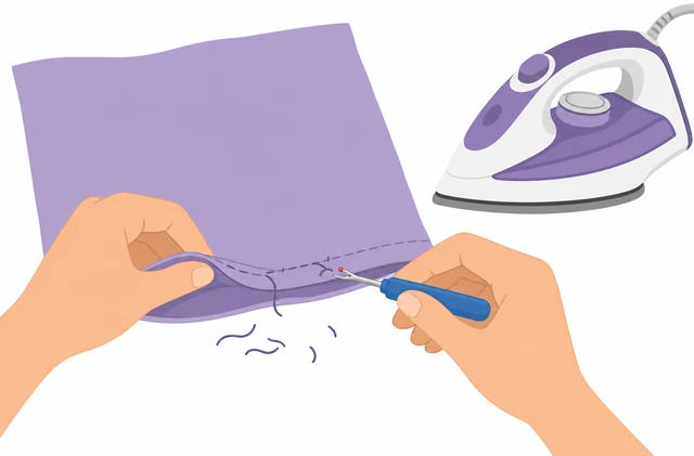 Illustration: picking out old hem stitches and pressing pant leg flat