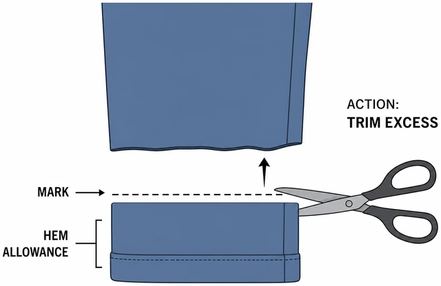 Illustration: trimming excess pant fabric leaving hem allowance below mark