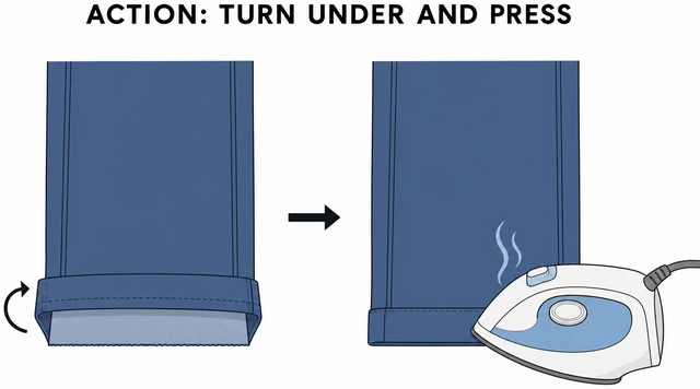 Illustration: turning raw pant hem edge under and pressing with iron