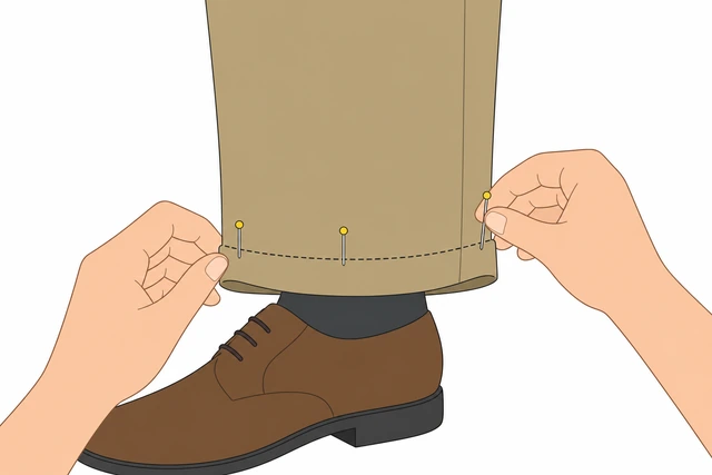 Illustration: pinning pant hem up to length mark evenly around leg