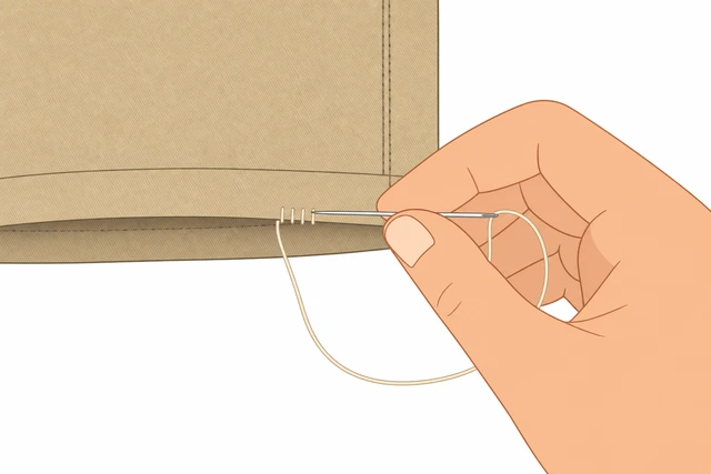 Illustration: starting blind slip stitch on pant hem from inside catching few outer threads