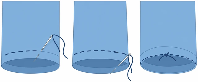Illustration: continuing even blind stitches around pant hem and knotting inside