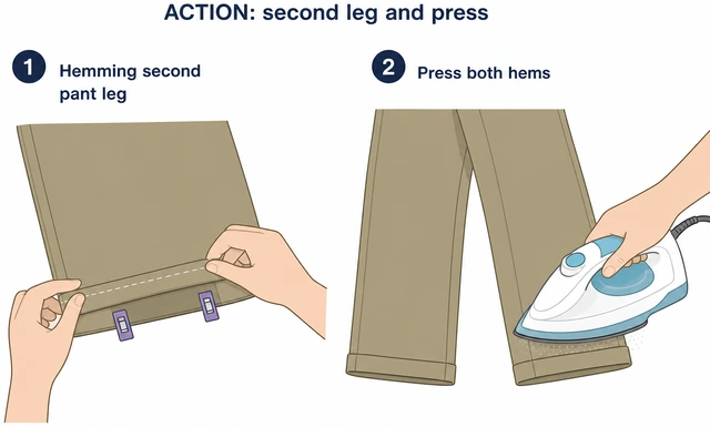 Illustration: hemming second pant leg to match and pressing both hems