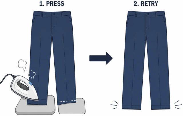 Illustration: pressing and retrying pants after fixing uneven hem