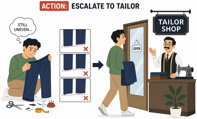 Illustration: taking pants to a tailor after repeated uneven hem attempts